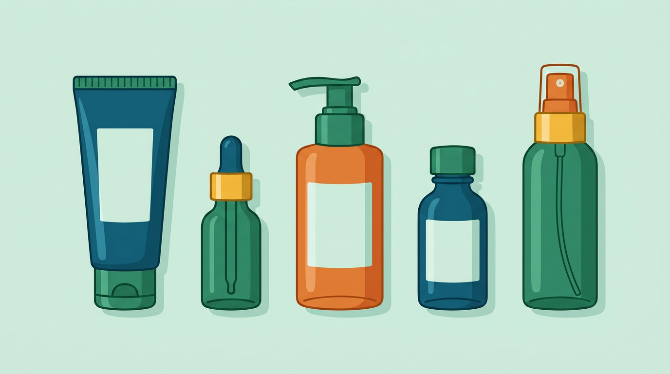 Illustrazione semplice di flaconi e tubi cosmetici in verde, blu e arancione